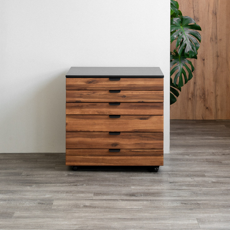 Tủ ngăn kéo 6 ngăn Alexa — Gỗ Acacia tự nhiên, màu đen, 6 ngăn