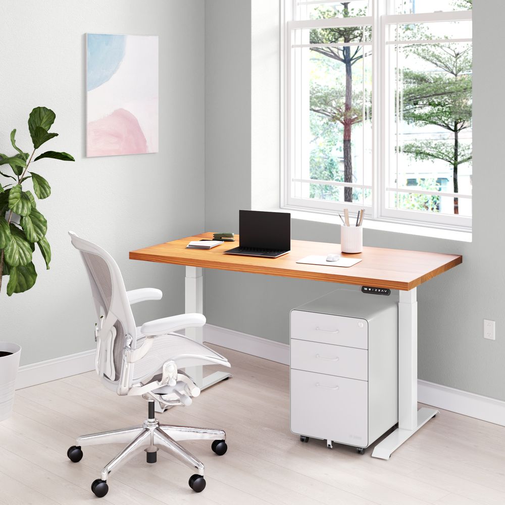 Bàn nâng hạ Cao Cấp LANGBIANG - Square - By NiceDesign (Cao Cấp) (Màu gỗ sáng - 152.4x76.2x3.3cm - Khung trắng - Mới, Full box, Chính hãng) (NDSD23LABI10)