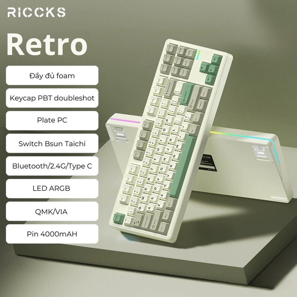 Hình ảnh 1 của Bàn phím cơ Riccks RS8 (HMX Cheese Pink Switch - Retro - Mới, Full box, Nhập khẩu)