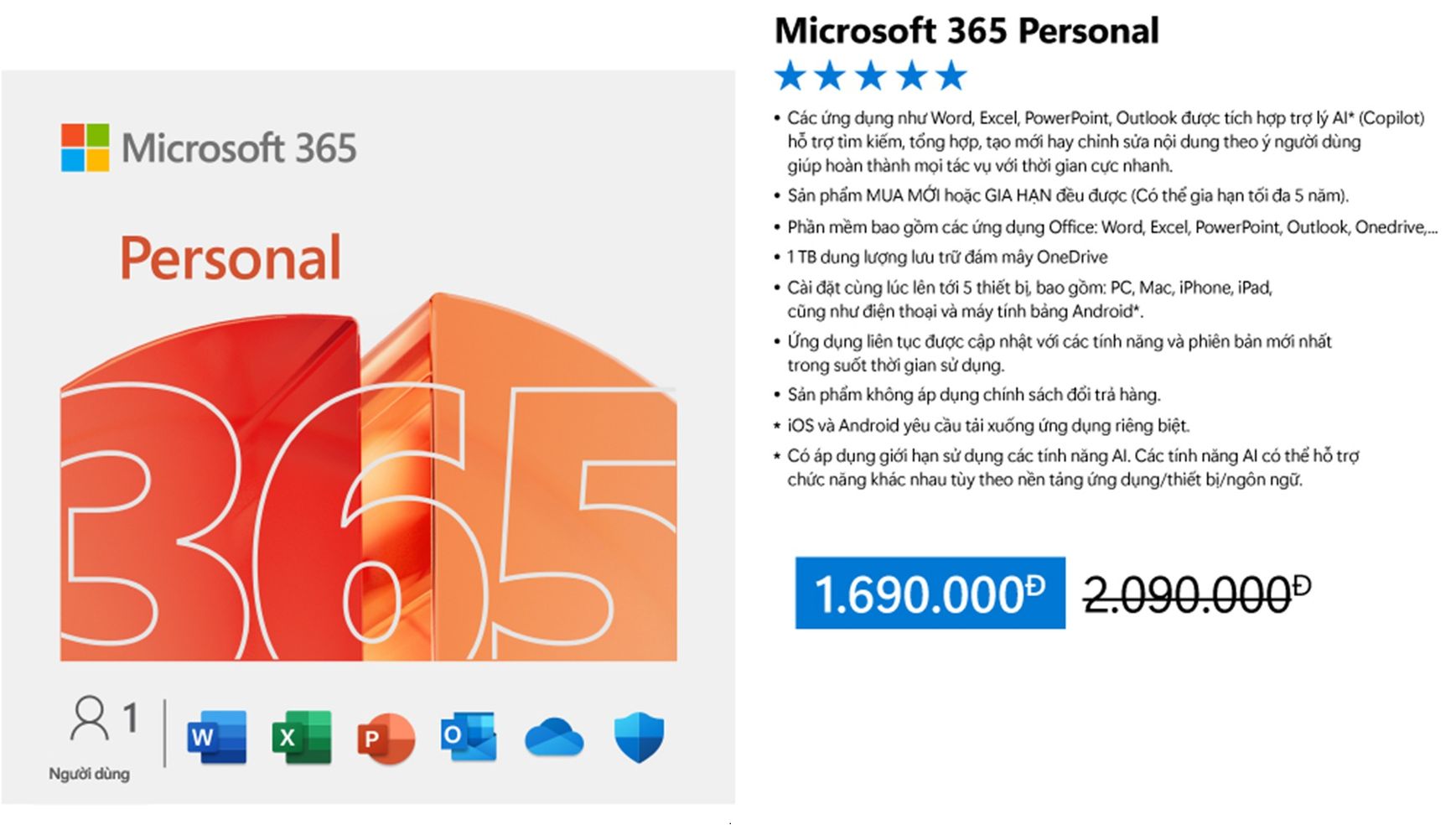 Hình ảnh 1 của Phần mềm Microsoft Office 365 Personal + AI Copilot (12 tháng 1 tài khoản - Mới, Sealed, Chính hãng)