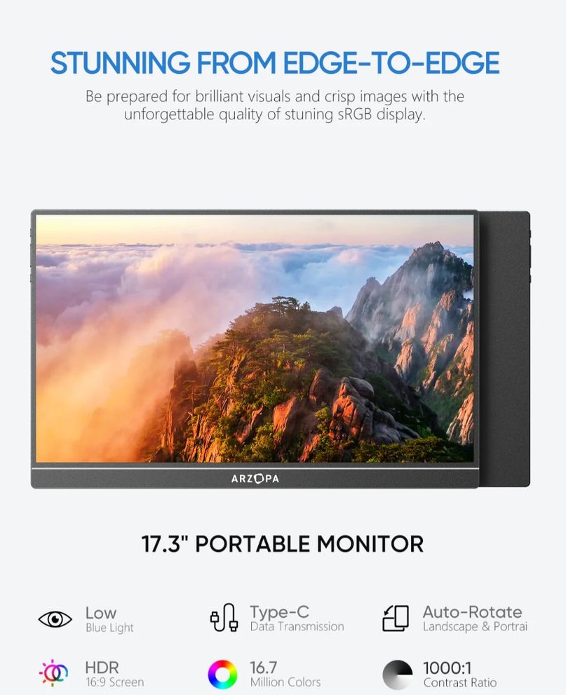 Hình ảnh 4 của Màn hình di động ARZOPA A1M 17.3 inch (A1M - Black - Mới, Full box, Chính hãng)