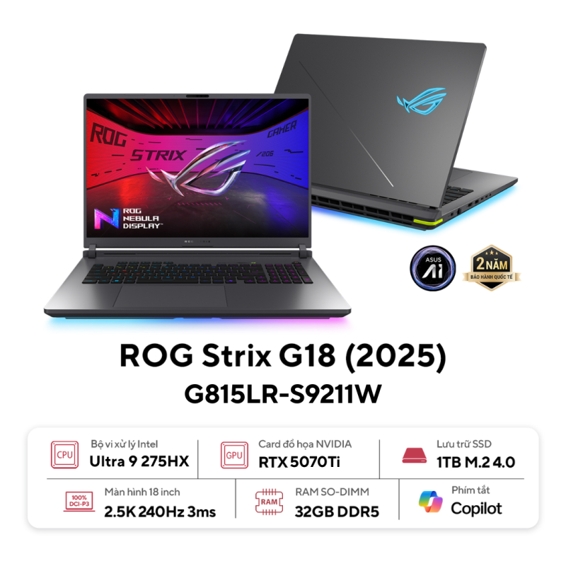 Hình ảnh 1 của ASUS ROG Strix G18 G815LR-S9211W - Ultra 9 275HX, RTX 5070 Ti 12GB, 32GB, 1TB, 2.5K 240Hz