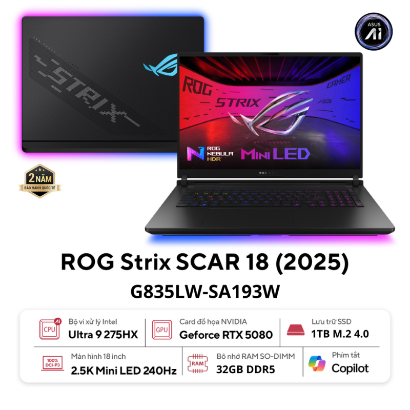 Hình ảnh 1 của ASUS ROG Strix SCAR 18 G835LW-SA193W - Ultra 9 275HX, RTX 5080, 32GB, 1TB, 2.5K 240Hz