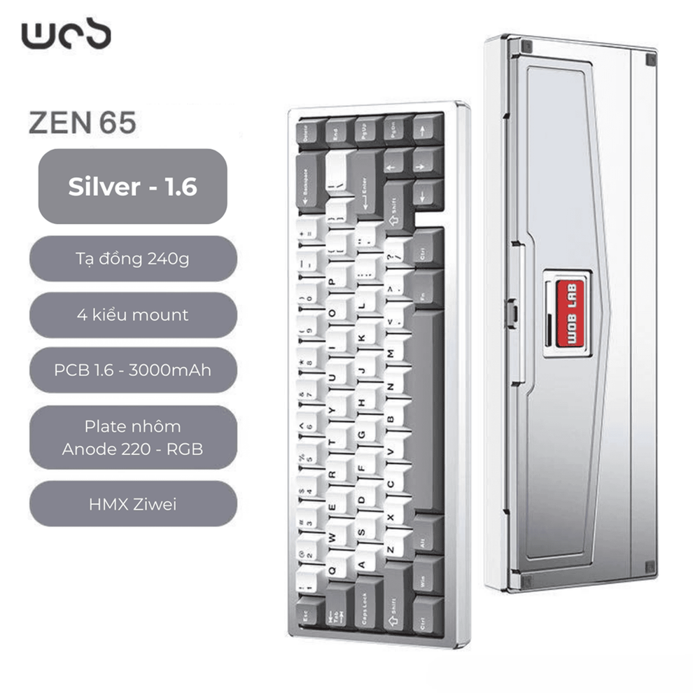 Hình ảnh 1 của Bàn Phím cơ WOB Zen65 Limited Edition (PCB 1.6mm, Plate Aluminum, RGB, 3 Mode - Sliver - Mới, Full box, Nhập khẩu)