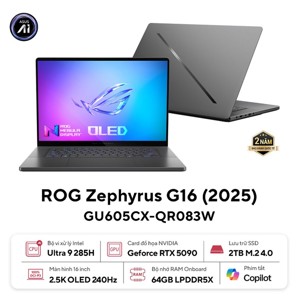Hình ảnh 1 của ASUS Gaming ROG Zephyrus G16 GU605CX-QR083W - Ultra 9 285H, RTX 5090 24GB, 64GB, 2TB, 2.5K OLED 240Hz