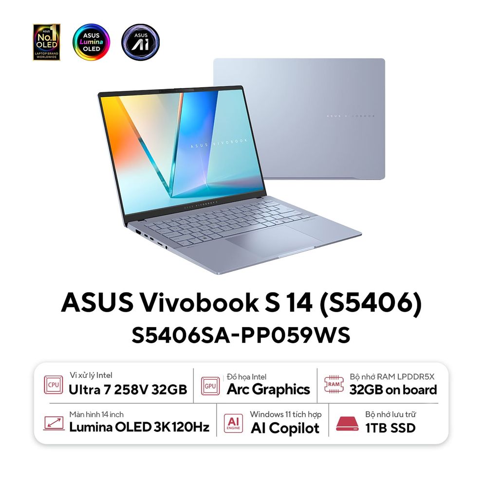 Hình ảnh 1 của ASUS Vivobook S14 OLED S5406SA-PP059WS - Ultra 7 258V, 32GB, 1TB, 3K 120Hz