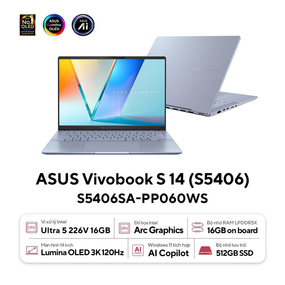 Hình ảnh 1 của ASUS Vivobook S14 OLED S5406SA-PP060WS - Ultra 5 226V, 16GB, 512GB, 3K OLED 120Hz