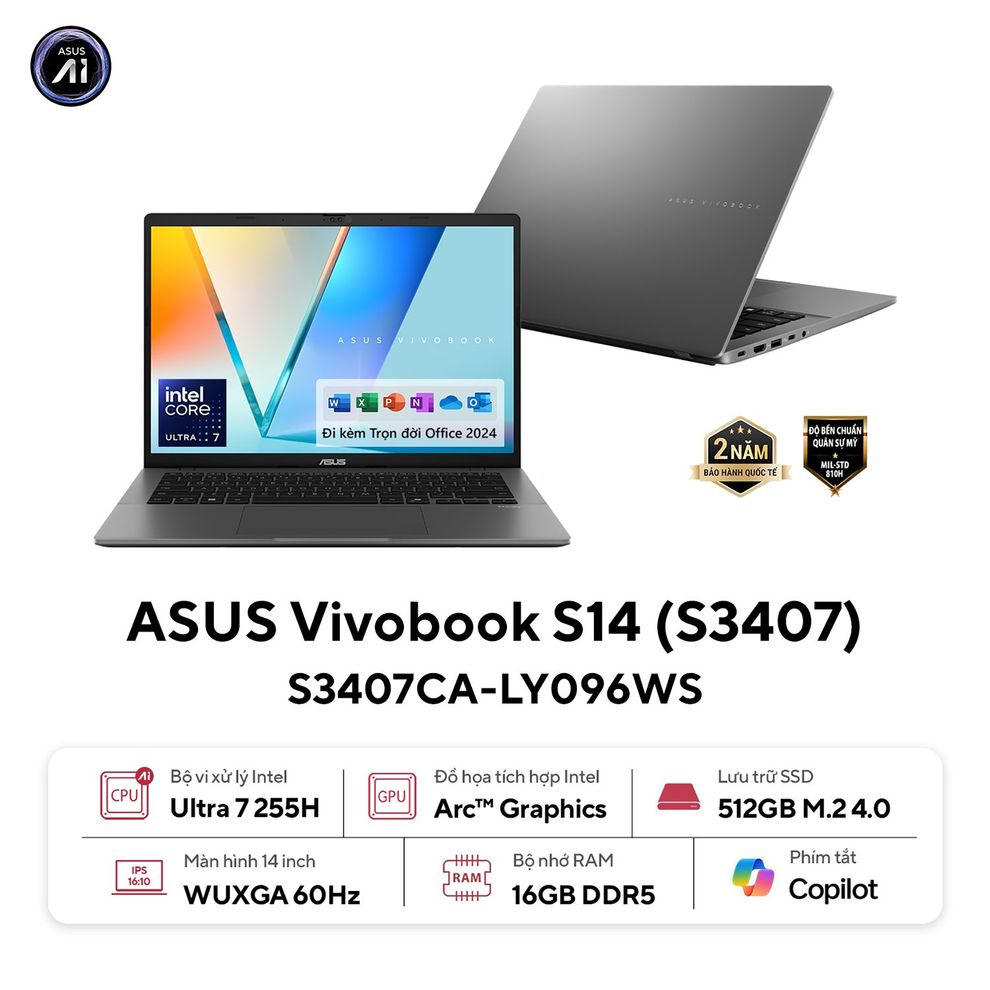 Hình ảnh 1 của ASUS Vivobook S14 S3407CA-LY096WS - Ultra 7 255H, 16GB, 512GB, WUXGA