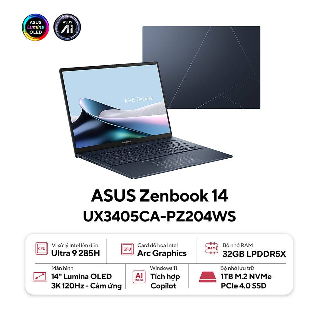 Hình ảnh 1 của ASUS Zenbook 14 UX3405CA-PZ204WS - Ultra 9 285H, 32GB, 1TB, 3K OLED Touch 120Hz