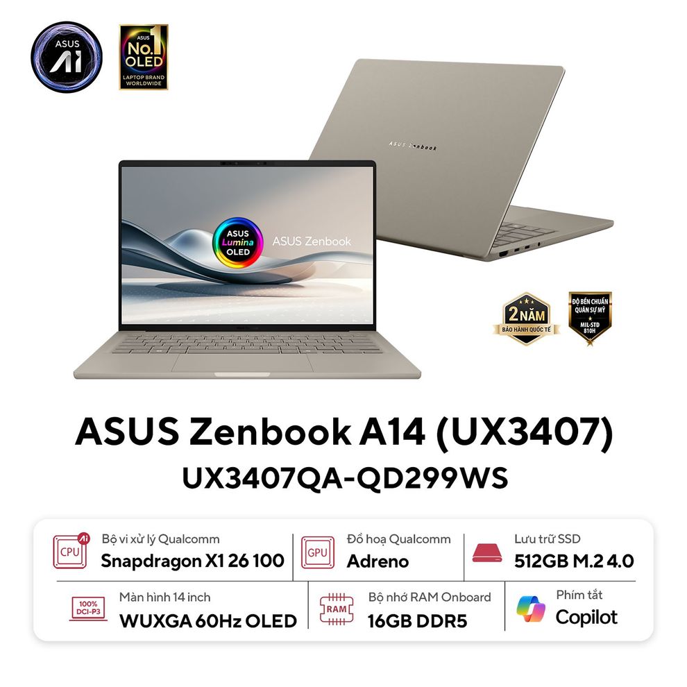 Hình ảnh 1 của ASUS Zenbook A14 UX3407QA-QD299WS - Snapdragon X X1 26 100, 16GB, 512GB, WUXGA OLED