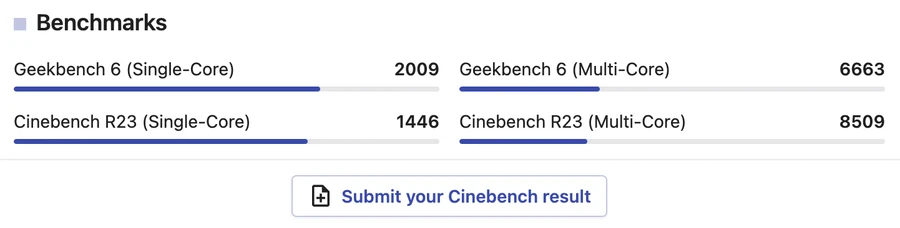 Cinebench R23 được đo trên trang nanoreview là 1446 điểm đơn nhân và 8509 điểm đa nhân