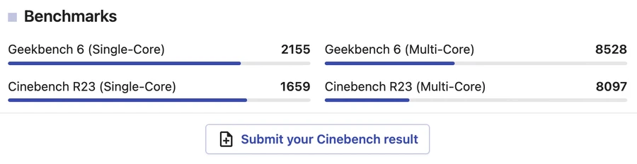 thử nghiệm Cinebench R23 trên trang nanoreview và kết quả đạt được là 1659 điểm đơn nhân và 8097 điểm đa nhân