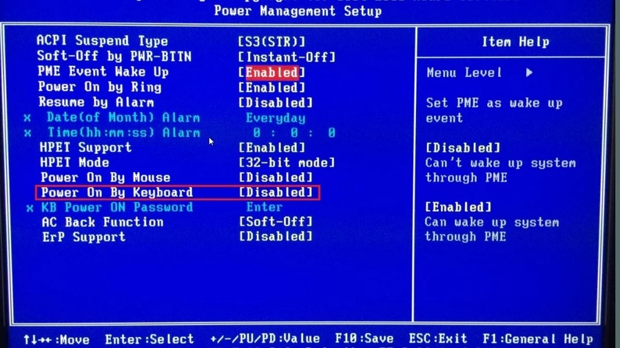 Tìm kiếm tùy chọn Power on by Keyboard