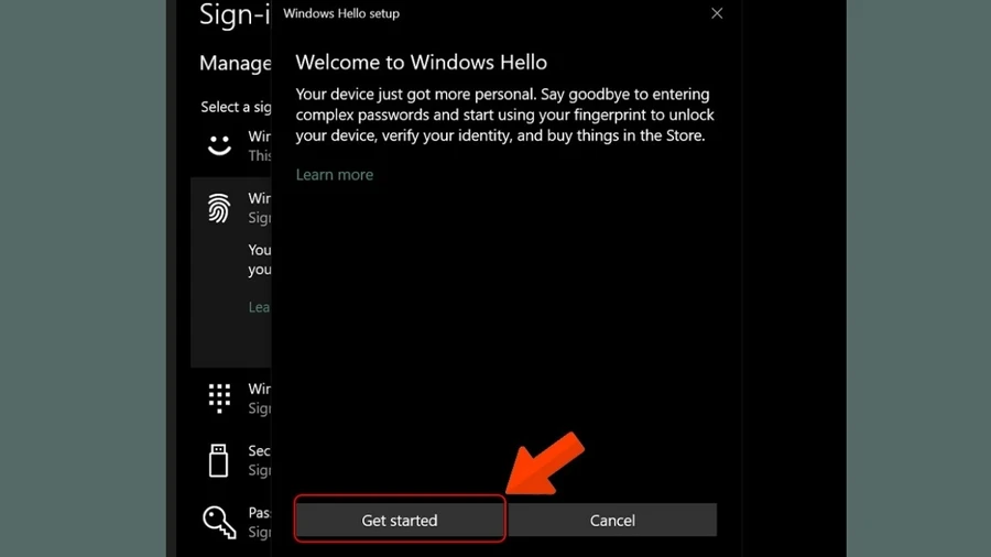 Trong mục Windows Hello Fingerprint, chọn Set up > Get started