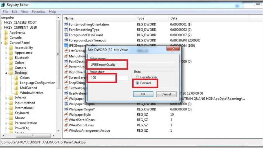 Mở JPEGImportQuality, chọn Decimal, nhập giá trị 100
