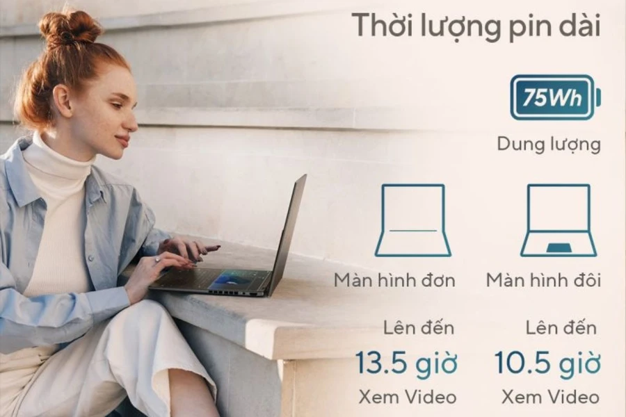 Asus ZenBook Duo OLED UX8406MA-PZ307W sử dụng viên pin 75Wh cho phép bạn sử dụng cả ngày dài không lo gián đoạn