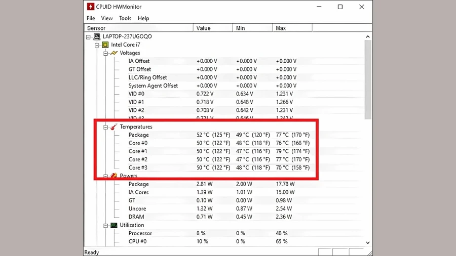 Nhiệt độ CPU máy tính sẽ hiển thị tại phần Temperatures thứ 2
