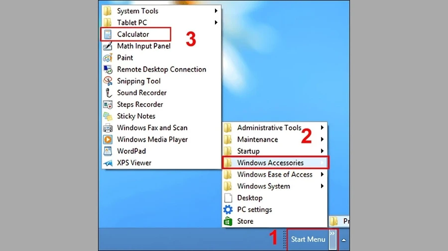 Mở Calculator thông qua Windows Accessories