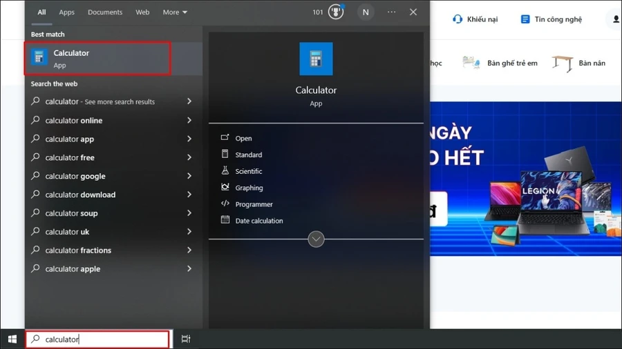 Tìm ứng dụng Calculator trong Taskbar.