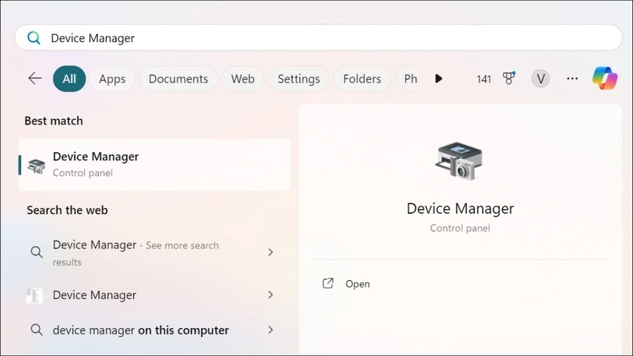 Mở Device Manager từ Start
