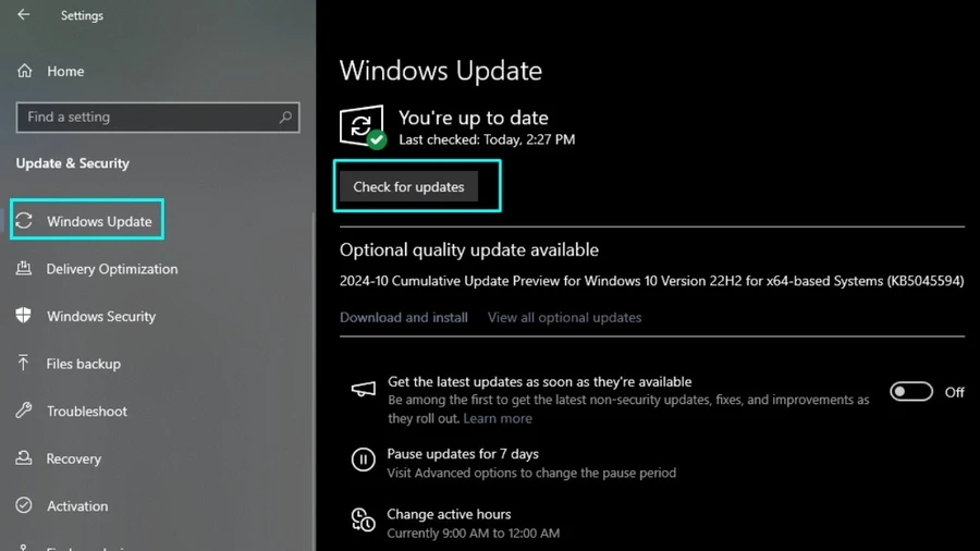Chọn Windows Update > Check for updates