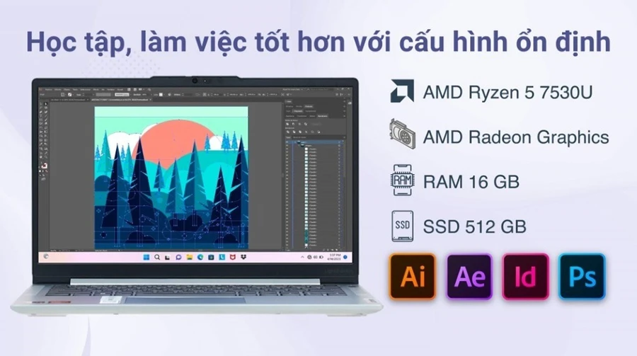 IdeaPad Slim 5 14ABR8 82XS0006VN được trang bị vi xử lý AMD Ryzen™ 5 7530U xử lý mọi tác vụ mượt mà và nhanh chóng