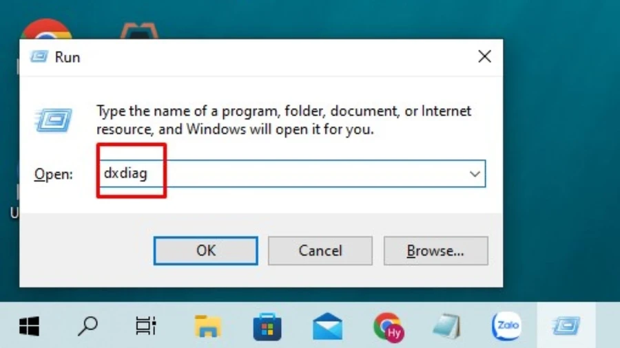 Nhấn Windows + R, gõ dxdiag