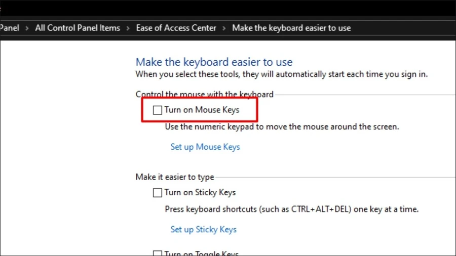 Bỏ chọn Turn on Mouse Keys