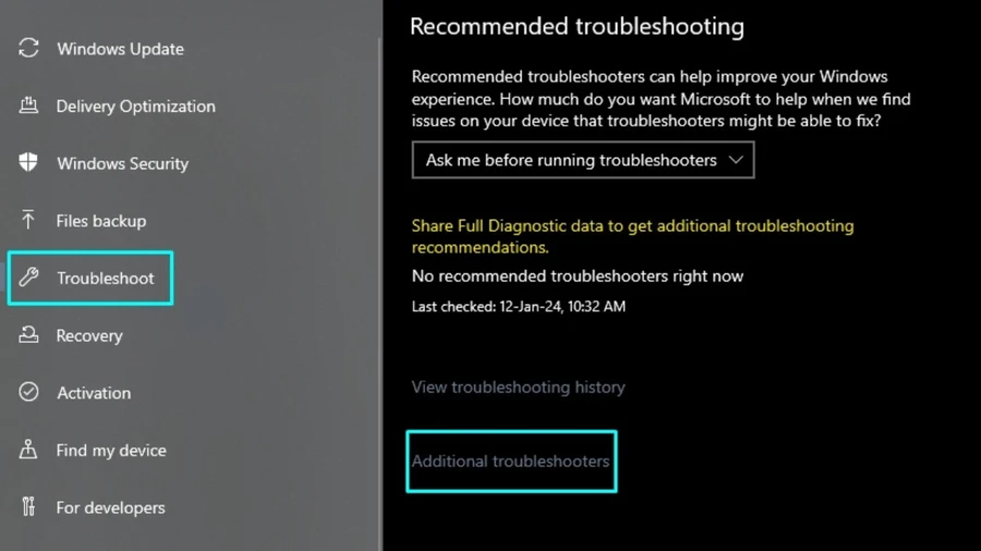 Chọn Troubleshoot > Chọn Additional troubleshooters