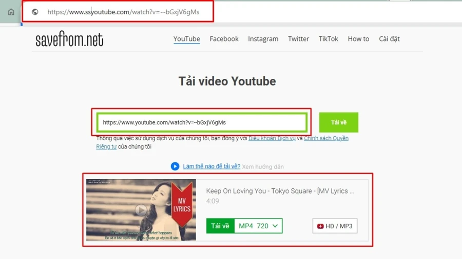 Thêm ss trước youtube trong đường dẫn sẽ dẫn đến trang savefrom.net