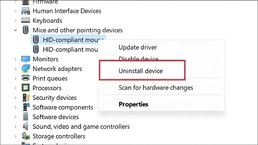 Chọn Uninstall device 