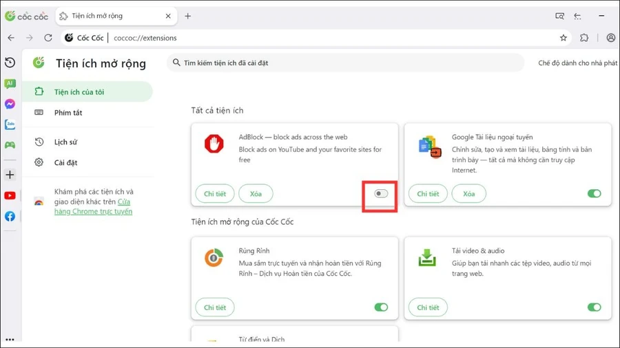 Bạn vào phần cài đặt của Cốc Cốc, tìm mục Tiện ích mở rộng và tắt Adblock tương tự như trên Chrome