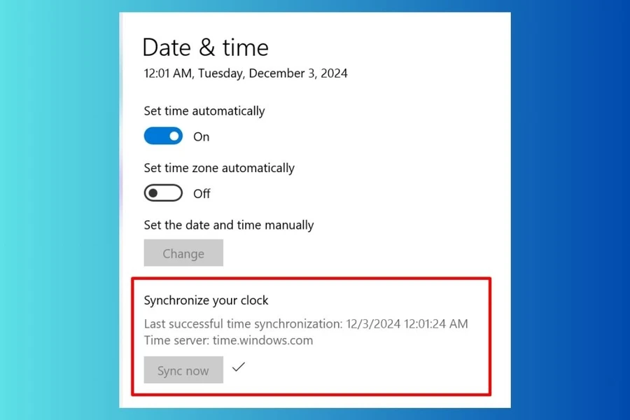 Tick chọn mục Synchronize your clock