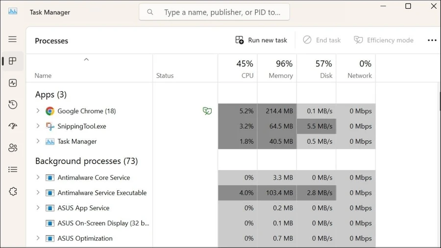 Task Manager giúp bạn theo dõi mức sử dụng CPU, RAM, ổ cứng, GPU và mạng