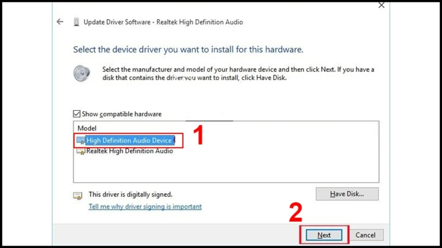 Chọn trình điều khiển High Definition Audio Device rồi nhấn Next