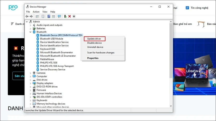Chọn Update driver để cập nhật lại driver Bluetooth