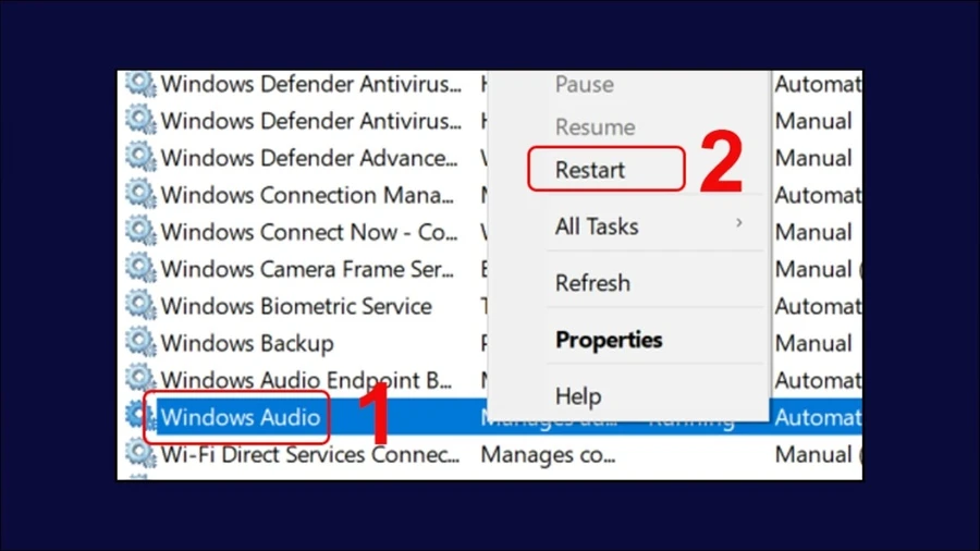 Tìm kiếm Windows Audio trong danh sách dịch vụ