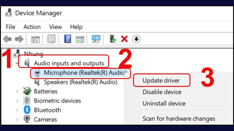 Trong Device Manager, mở mục Audio inputs and outputs