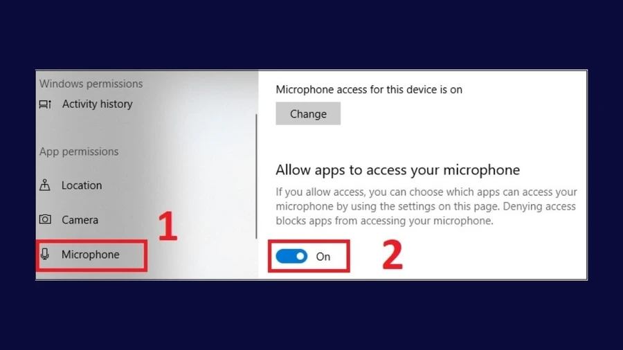 Đảm bảo tùy chọn Allow apps to access your microphone