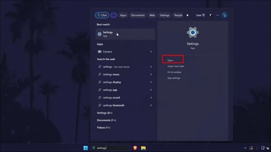 Truy cập Settings thông qua ô tìm kiếm