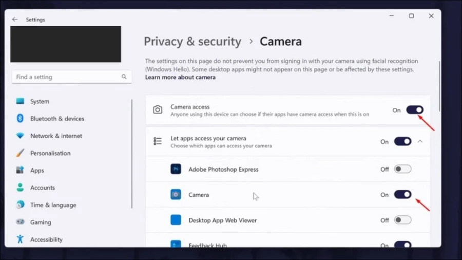 Chắc chắn mục Camera Access đã được bật (On)