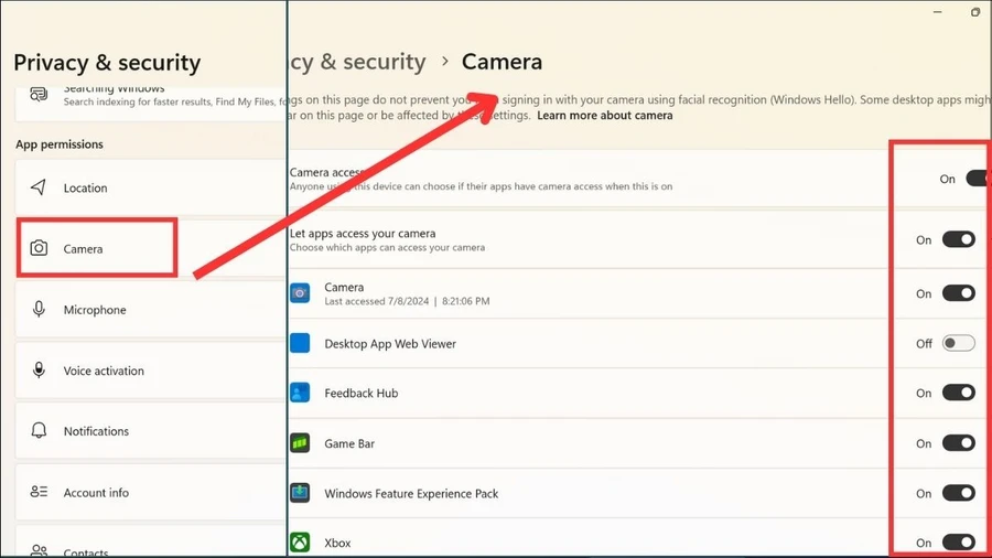 Vào Settings > Privacy & security > Camera và kiểm tra cài đặt quyền riêng tư