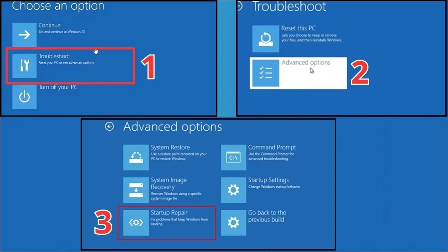 Vào môi trường WinRE > chọn Troubleshoot -> Advanced options -> Startup Repair/Automatic Repair