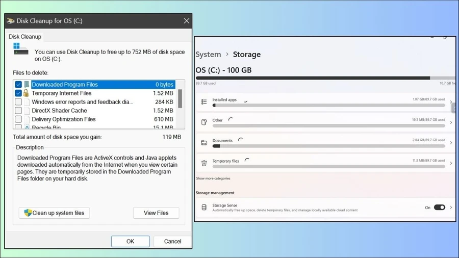 Công cụ Disk Cleanup và tính năng Storage Sense giúp giải phóng dung lượng ổ cứng