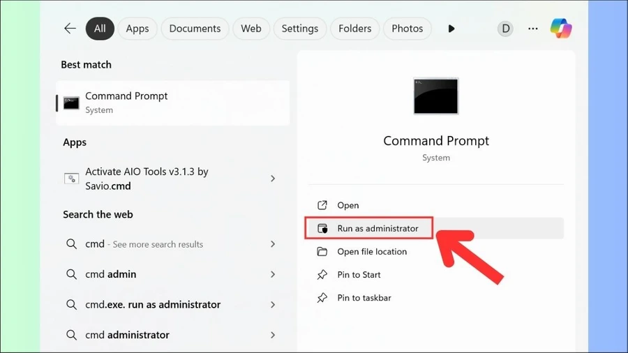 Tìm Command Prompt và chọn Run as administrator