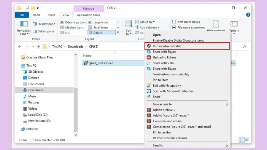 Nhấp đúp vào file cài đặt và chọn Run as administrator
