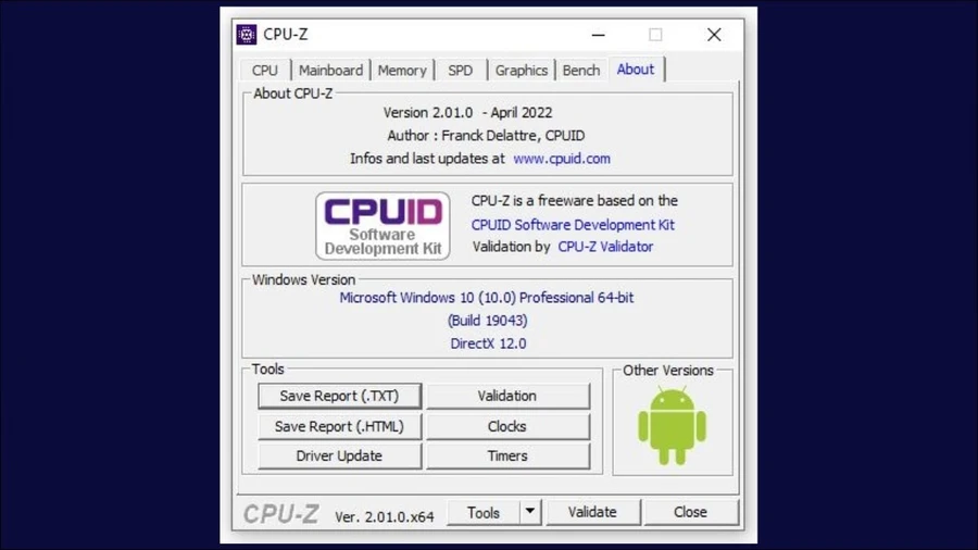 Thẻ About cung cấp thông tin về phiên bản CPU-Z