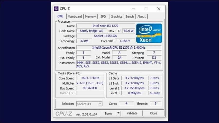 Thẻ CPU hiển thị thông tin chi tiết về bộ xử lý trung tâm