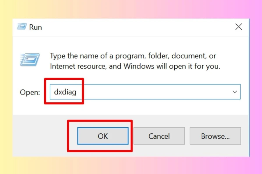 Nhập lệnh dxdiag và nhấn Enter