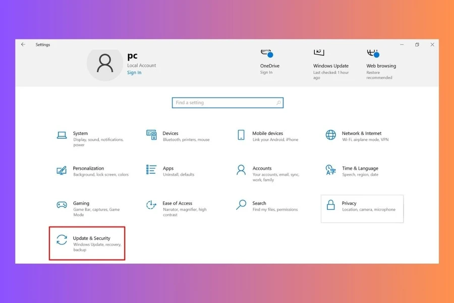 Trong cửa sổ Settings, nhấp vào mục Update & Security